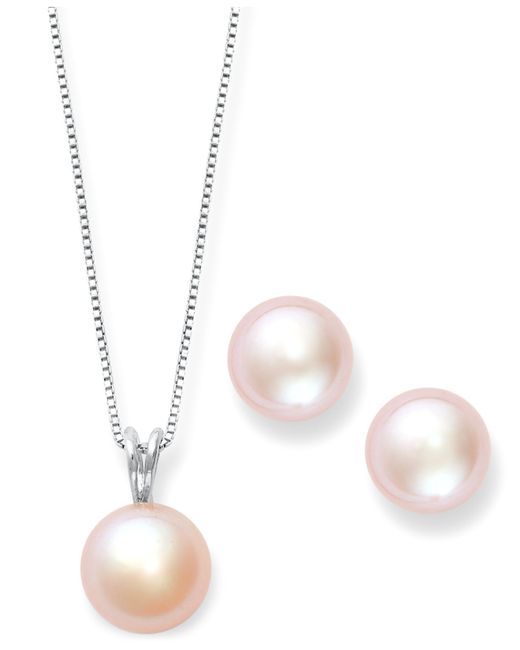 Macy&#39;s Pink Cultured Freshwater Pearl Earrings And Pendant Set In Sterling Silver (9mm) in Pink ...