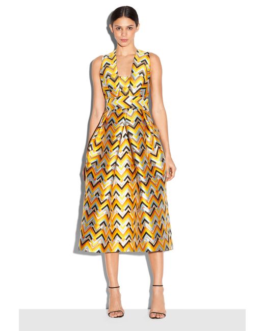 milly chevron brocade elisa pleated dress in yellow multi milly chevron brocade elisa pleated dress in yellow multi