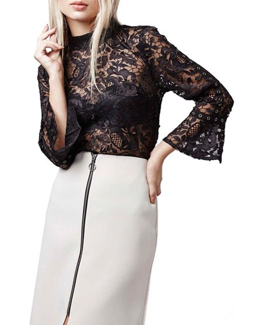 Topshop | Black Bell Sleeve Sheer Floral Lace Top | Lyst
