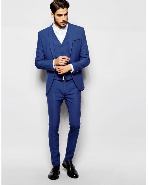 Asos Wedding Super Skinny Suit Trousers In Mid Blue in Blue for Men | Lyst
