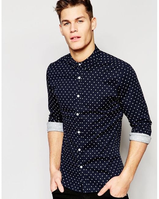 Asos Skinny Polka Dot Shirt In Navy With Long Sleeves in Blue for Men ...