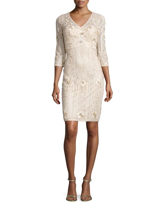 Sue wong 3/4-sleeve Embroidered Sheath Dress in Gold (CHAMPAGNE) - Save ...