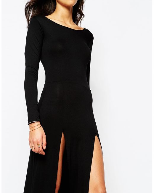 long sleeve long black dress with split skirt