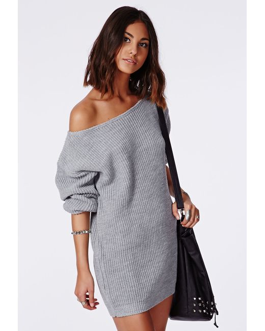 Missguided Off Shoulder Knitted Sweater Dress Grey in Gray | Lyst
