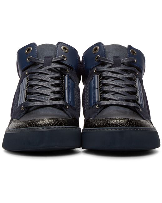 Lanvin Navy Leather \u0026amp; Mesh Mid-top Sneakers in Blue for Men (navy ...