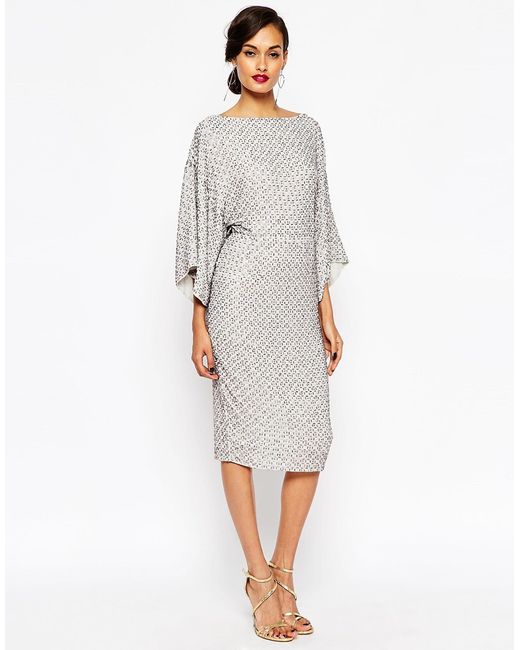 asos red carpet sequin grid kimono midi dress in gray