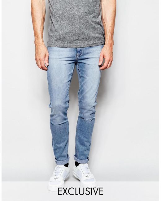 Cheap monday Jeans Tight Skinny Fit Stonewash Blue Ripped Knee in Blue ...