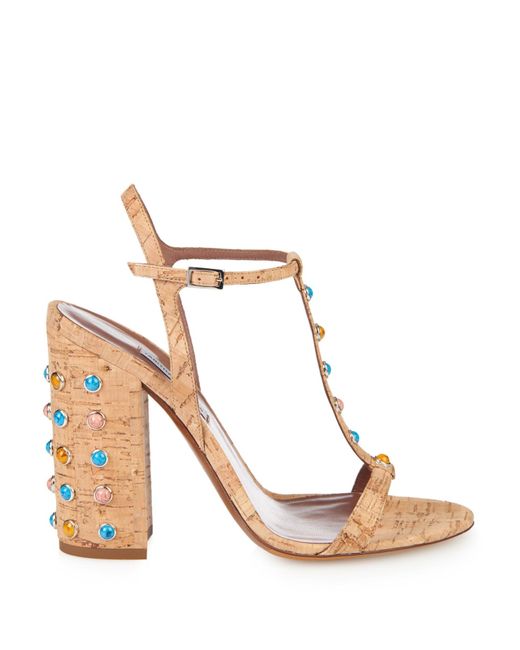 embellished heel high block stones with sandal simmons And in Elvy Cork Embellished Sandals (TAN Brown Tabitha Stone
