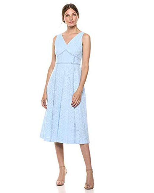 Calvin Klein Sleeveless Cotton Eyelet V-neck Midi Dress in Blue - Lyst