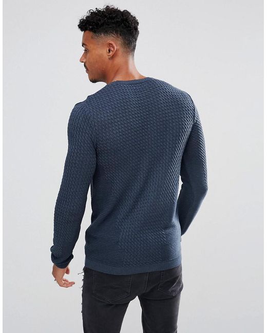 Lyst - Asos Muscle Fit Cable Knit Jumper In Denim Blue in Blue for Men