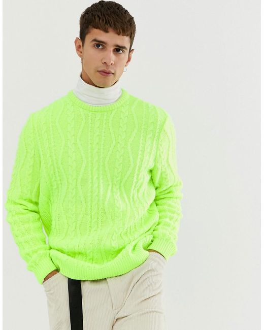 Lyst - ASOS Oversized Cable Knit Sweater In Neon Green in Green for Men