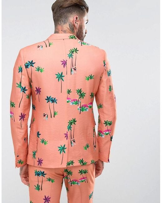 Asos Skinny Suit Jacket In Coral Tropical Print in Pink for Men | Lyst