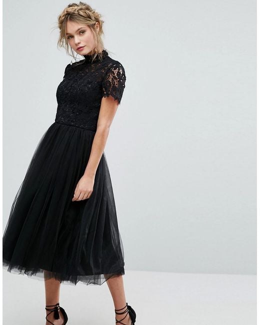Lyst Chi London High Neck Lace Midi Dress With Tulle Skirt In Chi London High Neck Lace Midi Dress With Tulle Skirt In Black Lyst