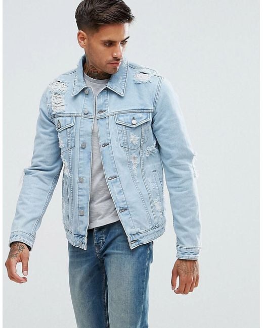 Asos Denim Jacket With Rips In Extreme Light Wash in Blue for Men | Lyst