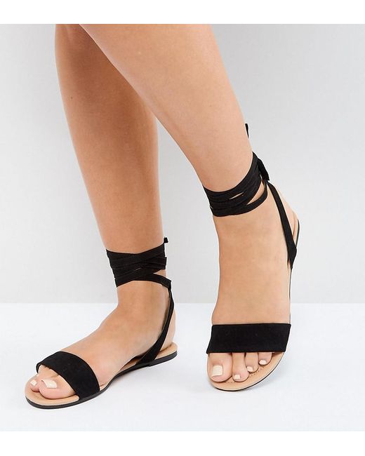 Lyst Asos Fiola Wide Fit Tie Leg Flat Sandals In Black