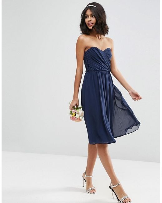  Asos  Wedding  Chiffon Bandeau Midi Dress  in Blue  Navy  Lyst