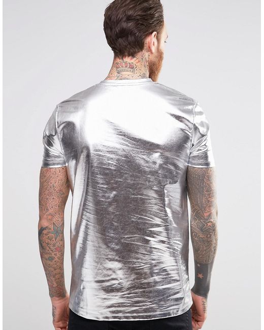 Asos T-shirt In Metallic Silver in Silver for Men | Lyst