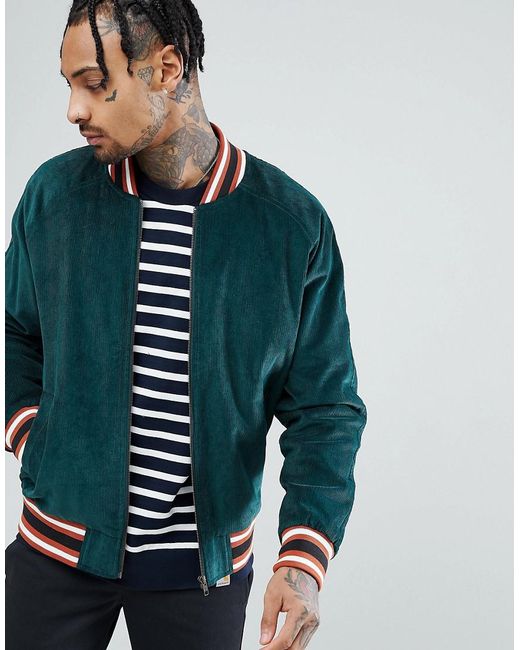 Lyst - Asos Cord Bomber Jacket With Tipped Rib In Bottle Green in Green ...