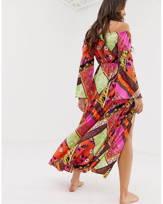 ASOS Glam Off Shoulder Maxi Beach Kimono In Scarf Print in Blue - Lyst