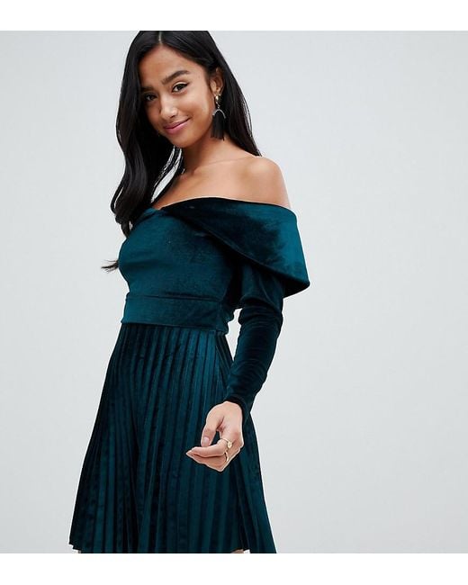 pleated velvet bardot midi dress