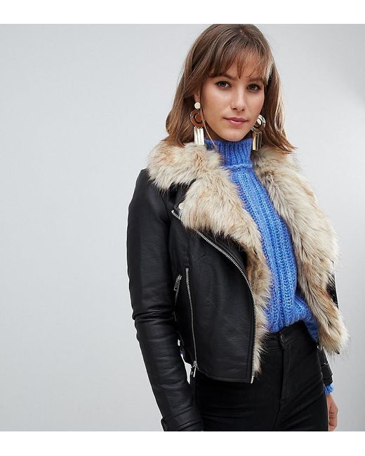 River Island Faux Leather Jacket With Fur Trim In Black River Island Faux Leather Jacket With Fur Trim In Black Lyst