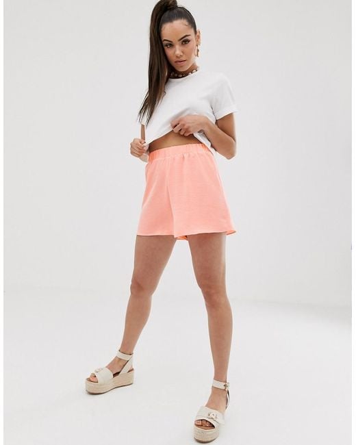 ASOS Elasticated Waist Shorts In Bright Peach in Pink - Lyst