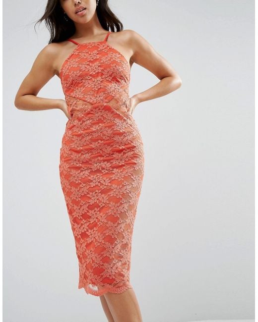  Asos  Sheer And Solid Lace Midi Pencil Dress  in Orange  Lyst