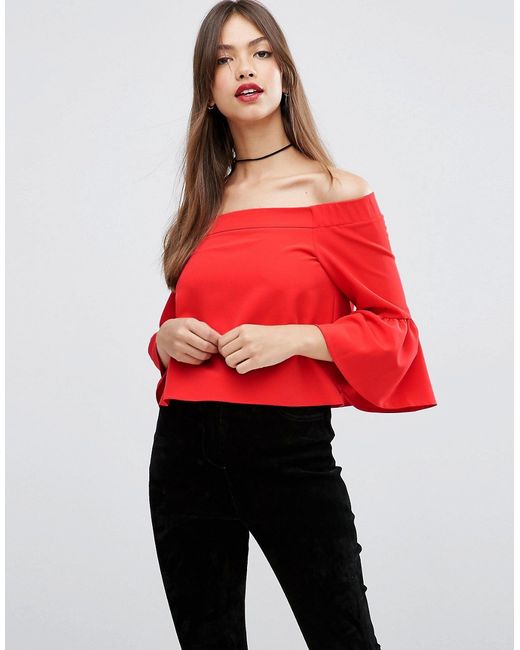 Asos Off The Shoulder Top With Ruffle Sleeve in Red Lyst