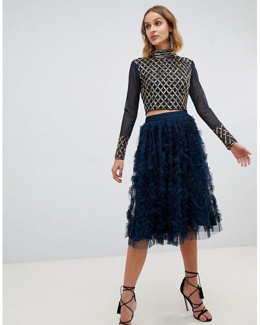 LACE & BEADS Tulle Midi Skirt With 3d Shirring Detail In Navy in Blue ...