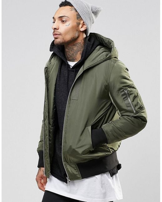 Asos Hooded Bomber Jacket With Ma1 Pocket In Khaki in Green for Men | Lyst