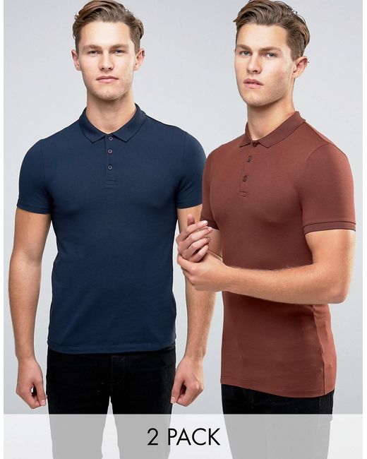 Asos 2 Pack Extreme Muscle Polo Shirt In Chestnut/navy Save for Men | Lyst