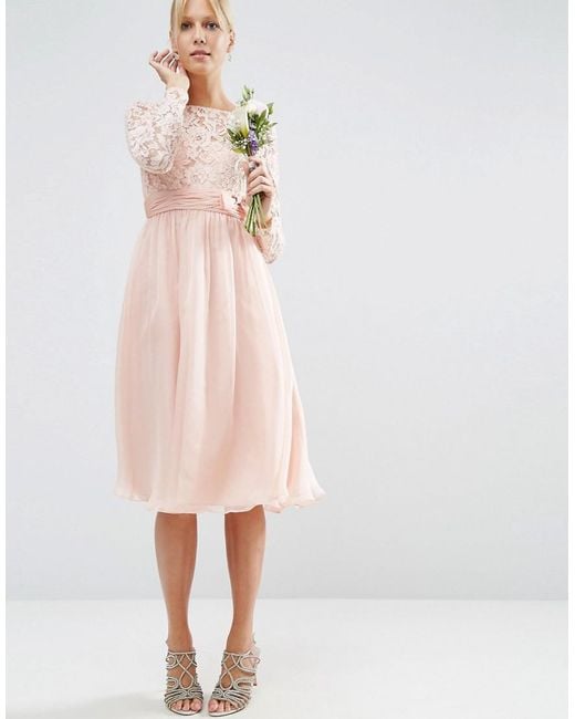 Asos Wedding  Midi  Dress  With Lace And Bow Detail in Pink  