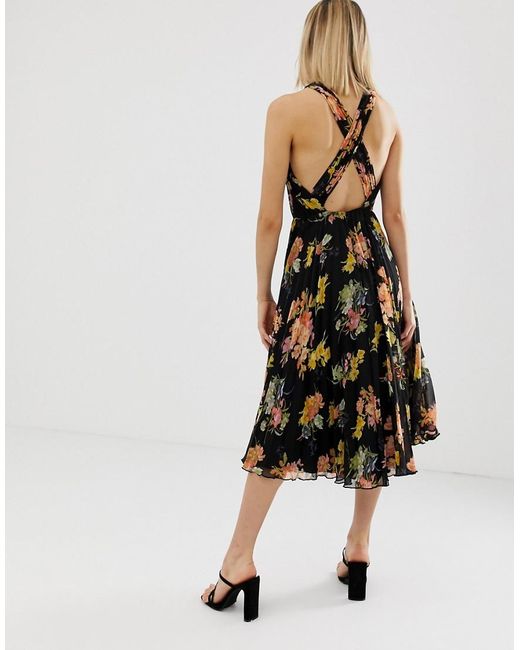 Lyst - ASOS Asos Design Petite Pleated Bodice Halter Midi Dress In Floral Print in Black