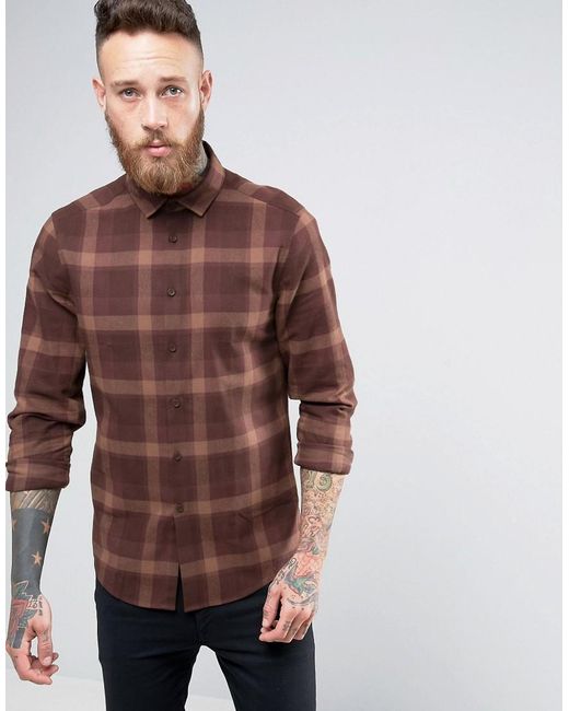 Asos Regular Fit Check Shirt In Brown in Brown for Men | Lyst
