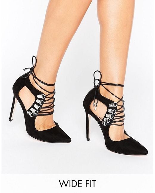 Asos Pews Wide Fit Lace Up Pointed Heels in Black | Lyst