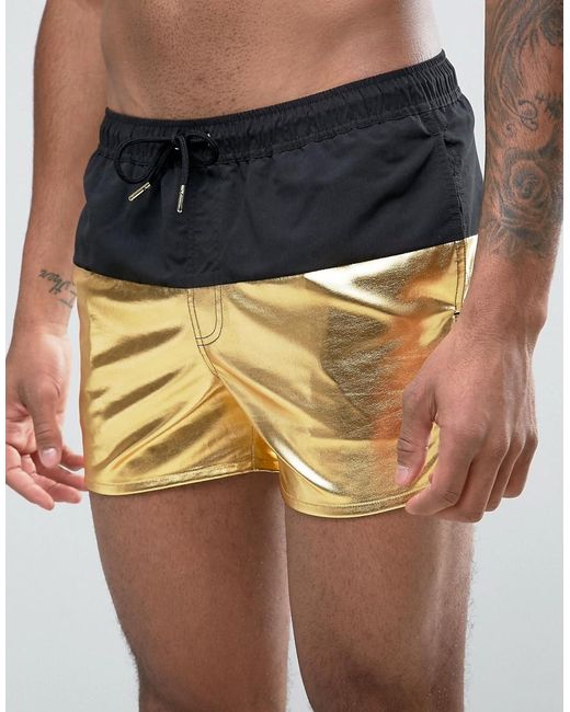 Asos Swim Shorts With Metallic Gold Panel In Short Length in Metallic ...