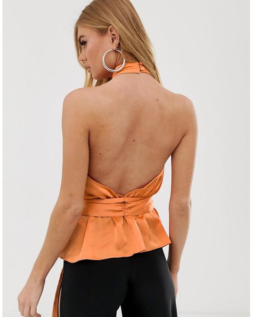  ASOS  Halter  Top  With Tie Detail In Satin in Orange Lyst