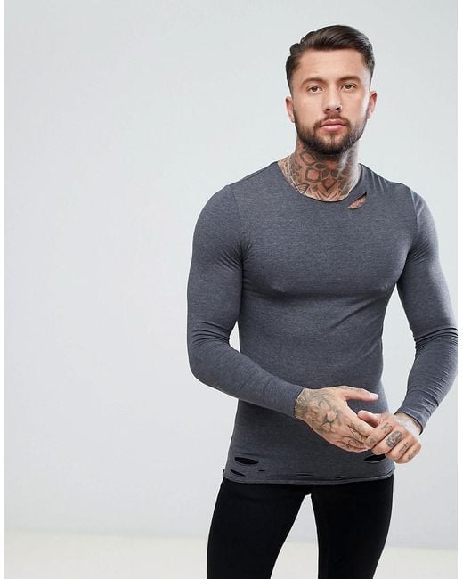 Asos Longline Muscle Long Sleeve T-shirt With Distress Detail in Gray ...