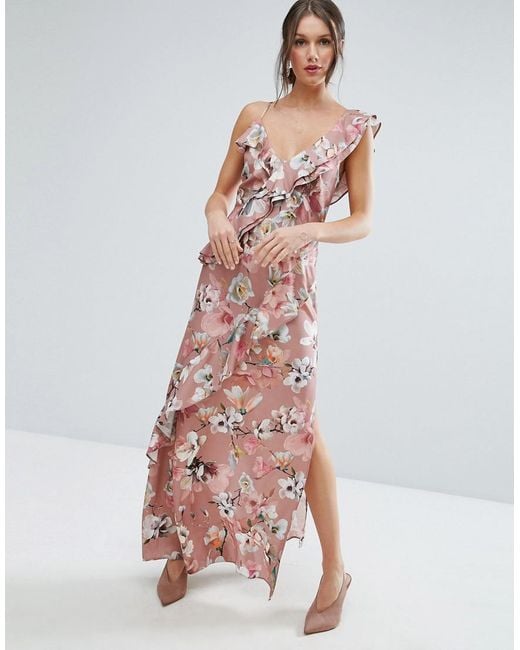 Lyst Asos  Dusky  Floral Ruffle Cami Maxi Dress  in Pink 