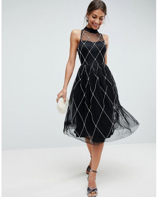 Lyst - Asos Premium High Neck Pearl Embellished Midi Prom Dress in Black