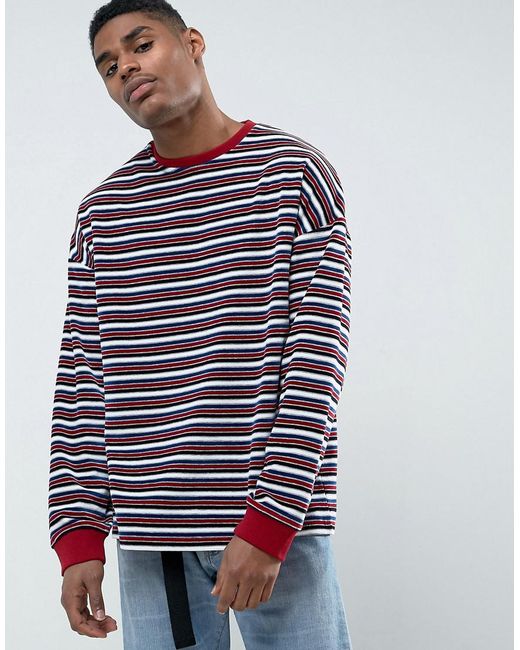 Lyst - Asos Oversized Long Sleeve T-shirt In Towelling And Retro Stripe ...