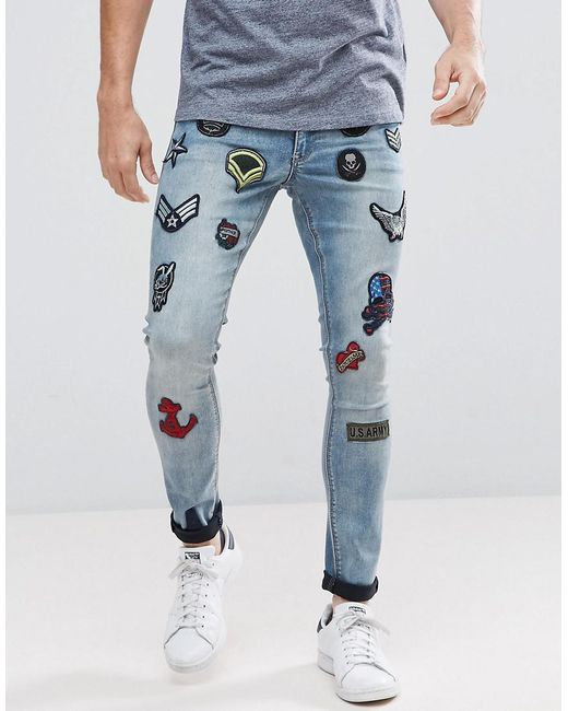 Asos Extreme Super Skinny Jeans In Smokey Blue With Patches In Blue For