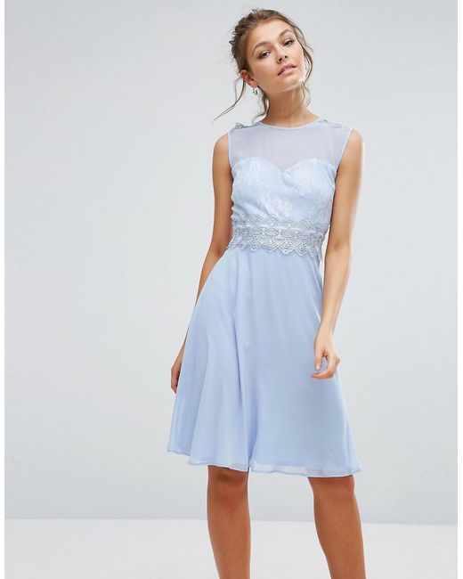 Elise ryan Sweetheart Midi Dress With Lace Bodice in Blue | Lyst