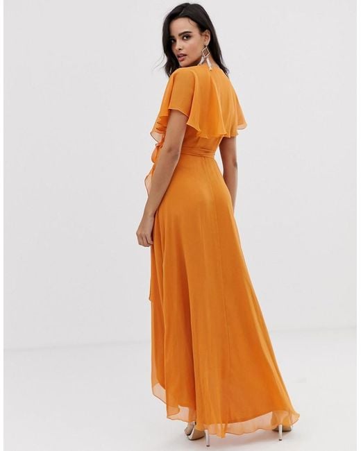 ASOS Maxi Dress With Cape Back And Dipped Hem in Orange - Lyst
