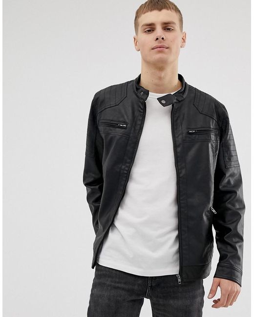 French Connection Two Pocket Faux Leather Biker Jacket In Black For French Connection Black Two Pocket Faux Leather Biker Jacket For Men Lyst
