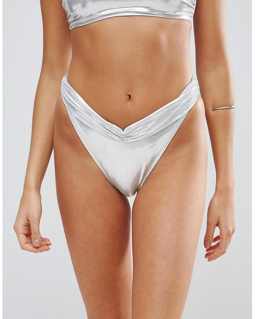 Lyst Asos Liquid Silver Metallic Ruched High Leg Hipster Bikini