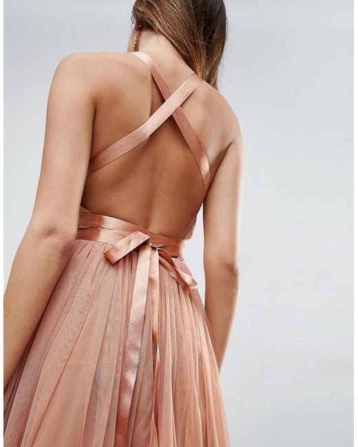 premium tulle maxi prom dress with ribbon ties