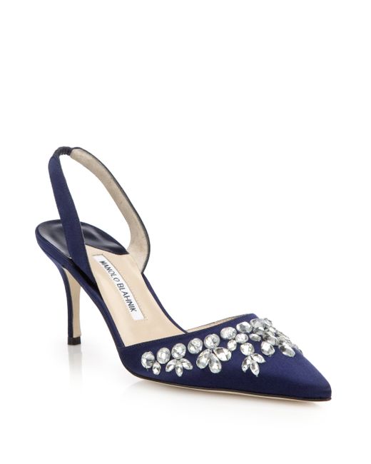 Manolo blahnik Carolyne Crystal-embellished Satin Slingbacks in Blue | Lyst