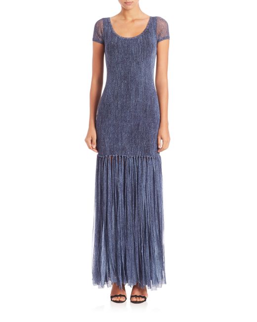 fuzzi denim print maxi dress in blue lyst fuzzi denim print maxi dress in blue lyst