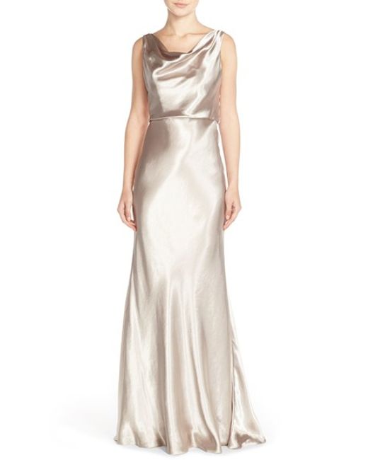 Jenny yoo Drape Neck Charmeuse Gown in Natural | Lyst